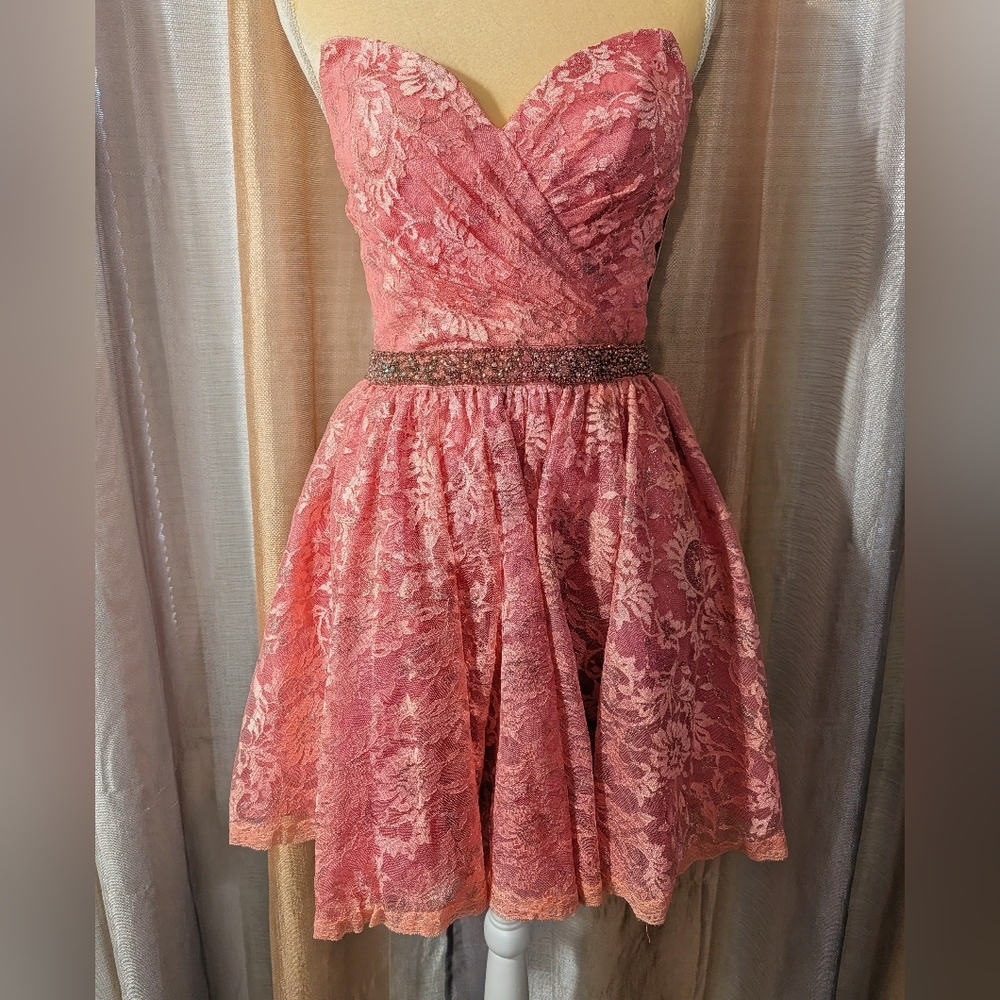Sherri Hill Blush Lace Strapless Dress